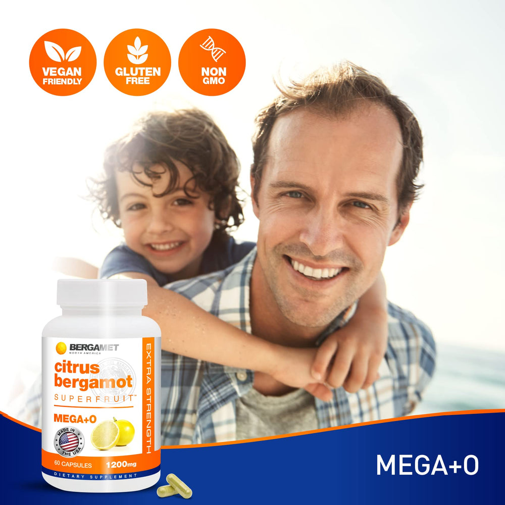 BergaMet Citrus Bergamot bottle open with capsules illustrating daily dosage supply