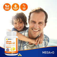 BergaMet Citrus Bergamot bottle open with capsules illustrating daily dosage supply