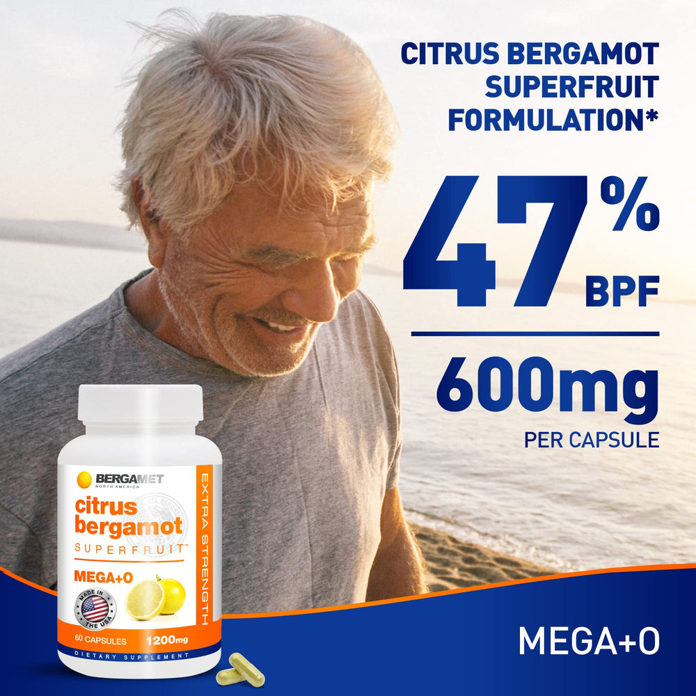 BergaMet Citrus Bergamot capsules close up showing 170:1 extract and polyphenol content