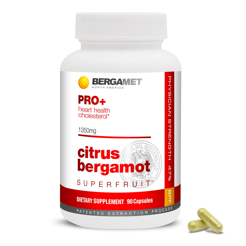 BergaMet Citrus Bergamot PRO+ bottle label highlights 80% polyphenols for wellness support.