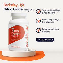 Berkeley Life nitric oxide capsules ready to take daily for potential energy and circulation support.