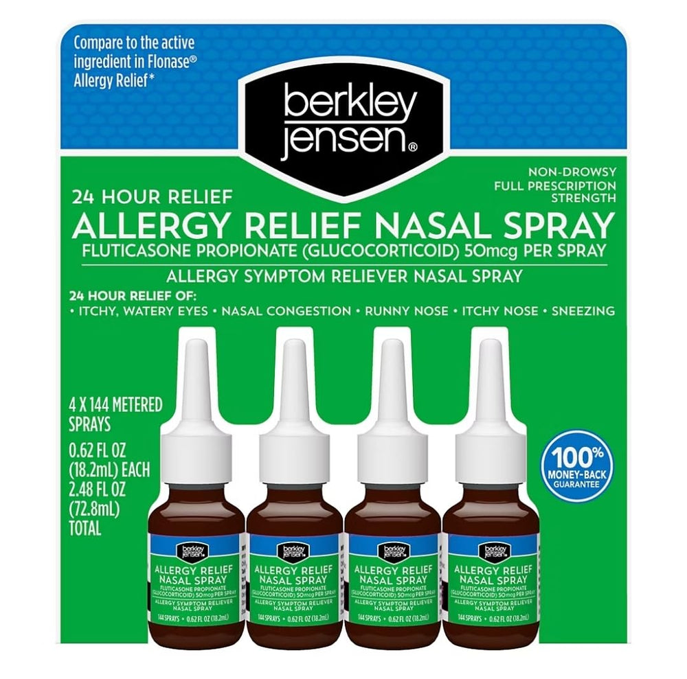Berkley Jensen 24-hour allergy relief nasal spray bottle for all-day comfort