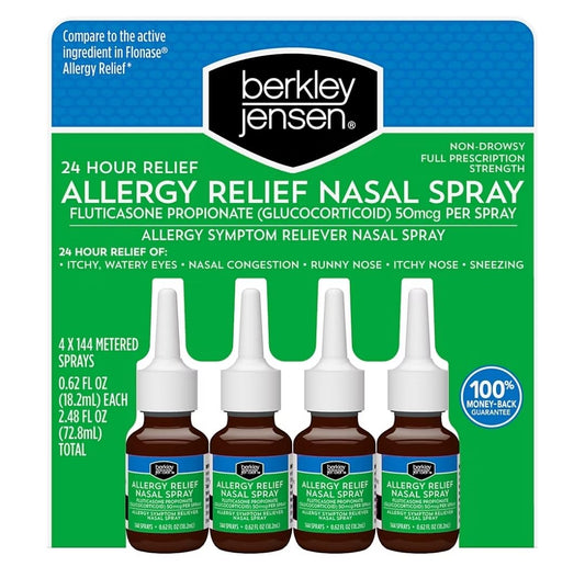 Berkley Jensen 24-hour allergy relief nasal spray bottle for all-day comfort