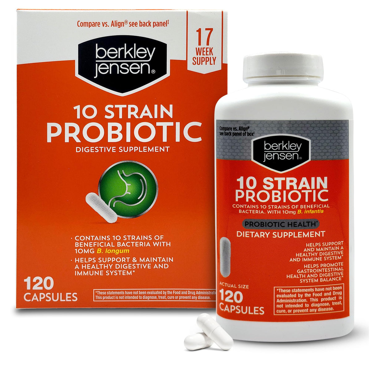 Berkley Jensen 10-Strain probiotic bottle with smooth capsules for daily digestive support.
