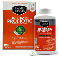 Berkley Jensen 10-Strain probiotic bottle with smooth capsules for daily digestive support.