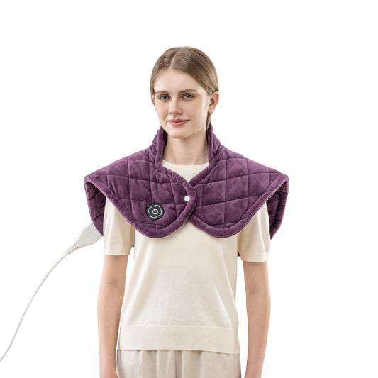 Berkshire Blanket weighted heating pad on neck and shoulders for targeted warmth.