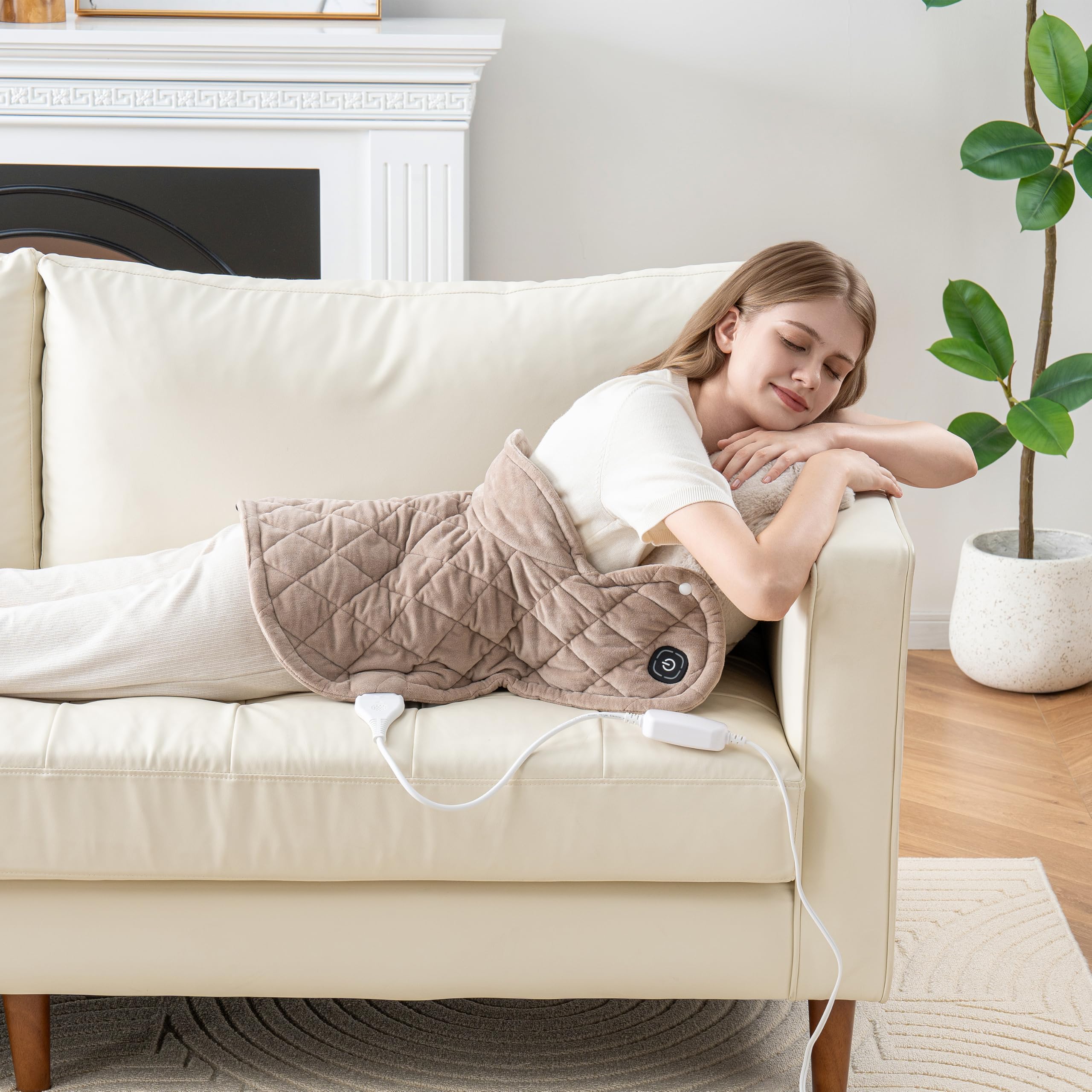 Berkshire Blanket weighted heating pad worn on shoulders to illustrate targeted warmth and coverage.