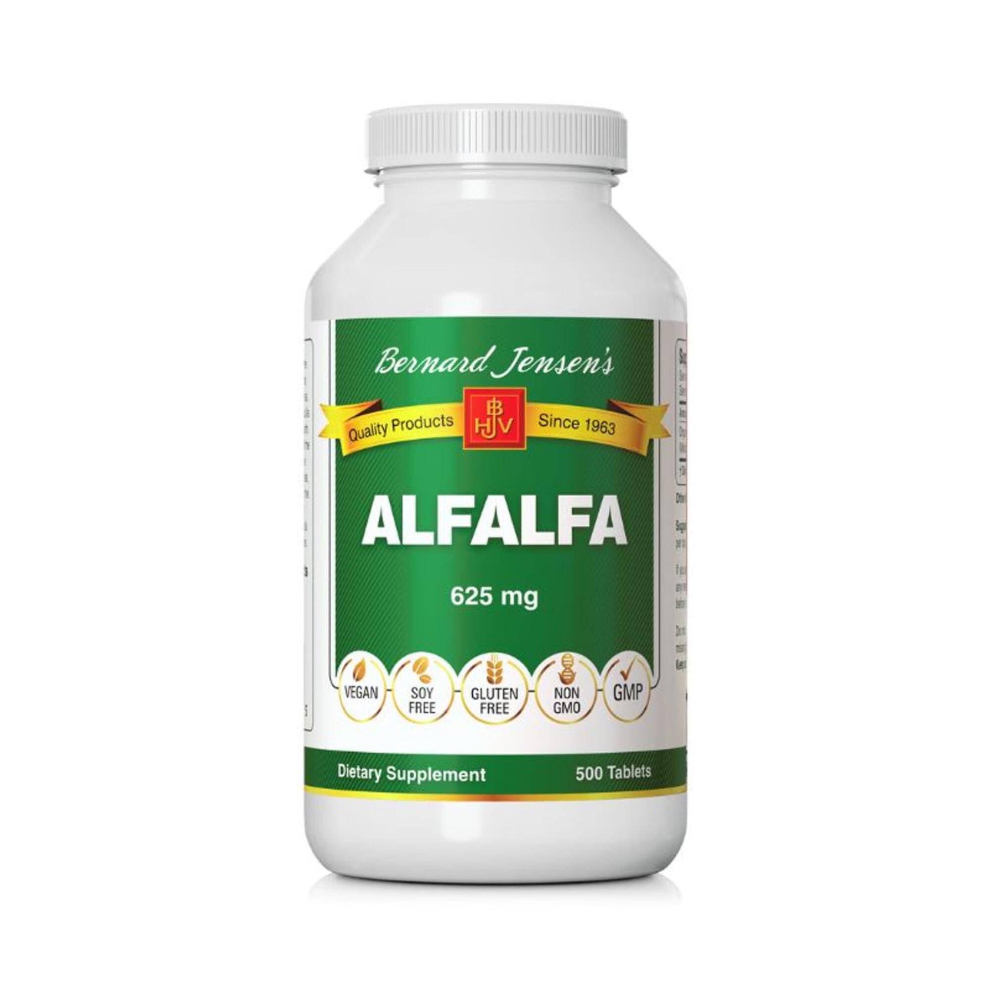 Bernard Jensen's Alfalfa Leaf Tablets packaging with 500 tabs, convenient daily supplement.