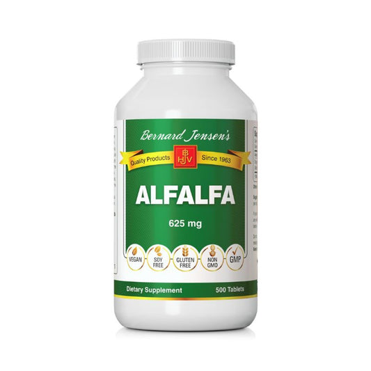 Bernard Jensen's Alfalfa Leaf Tablets packaging with 500 tabs, convenient daily supplement.