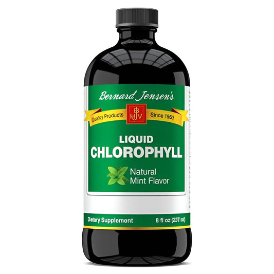 Bernard Jensen's chlorophyll liquid mint bottle on a countertop, offering refreshing daily wellness support.