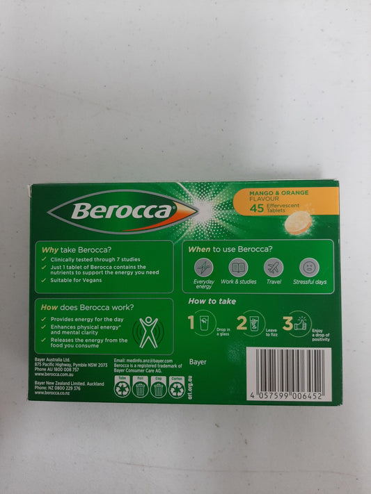 Berocca Energy mango-orange tubes packaging for convenient daily use.