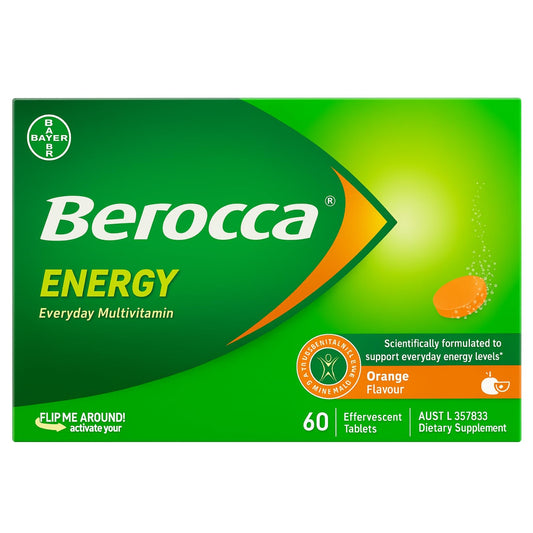 Berocca Energy orange tablets dissolving in water for a refreshing daily boost