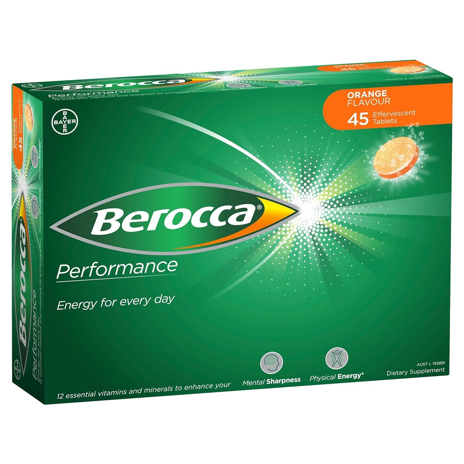 Berocca Orange effervescent tablets dissolving in water for a refreshing vitamin boost.