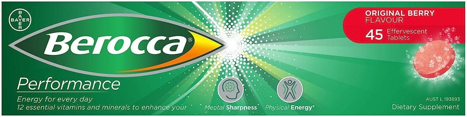Berocca Performance Original Berry blister packs on shelf for quick refresh.