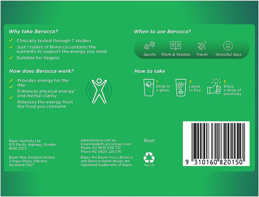 Berocca Performance Original Berry fizz in water boosts alertness and mental clarity.