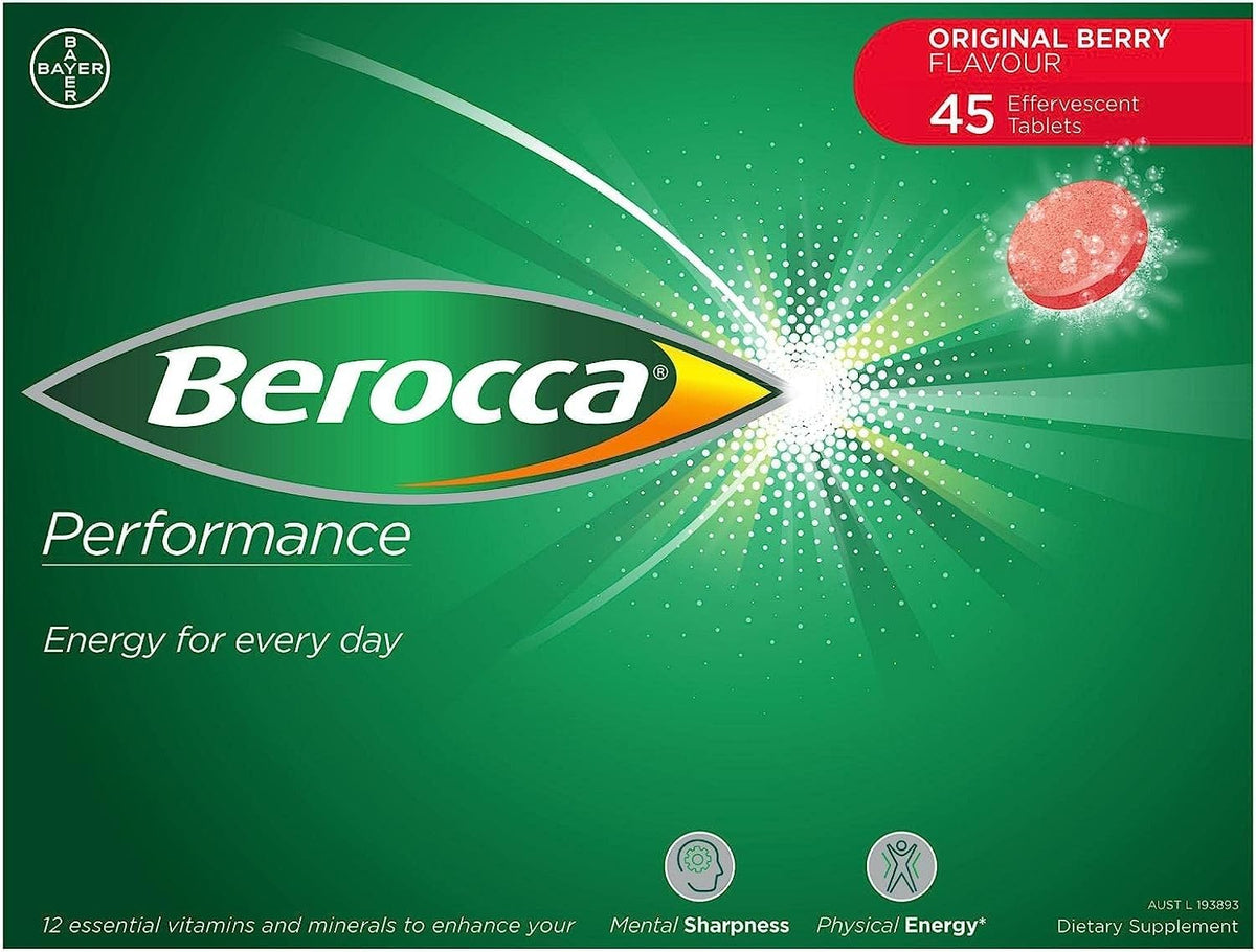 Berocca Performance Original Berry tablets in blister pack for everyday energy and focus.