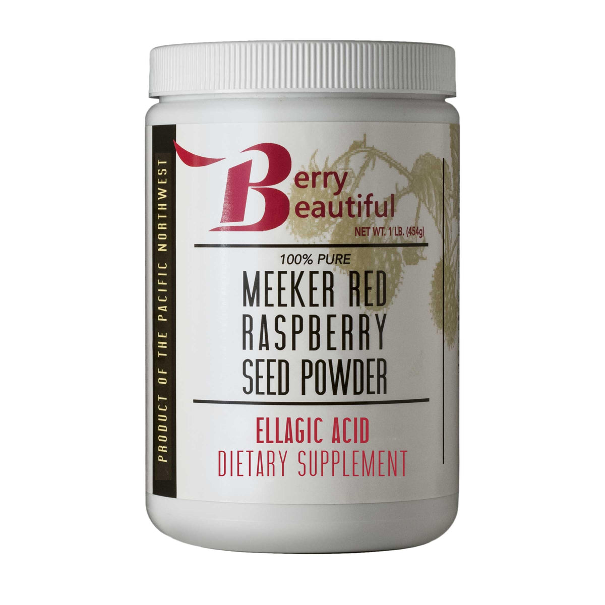 Berry Beautiful Meeker Red Raspberry Seed Powder packaging showing premium ellagic acid and fiber benefits.