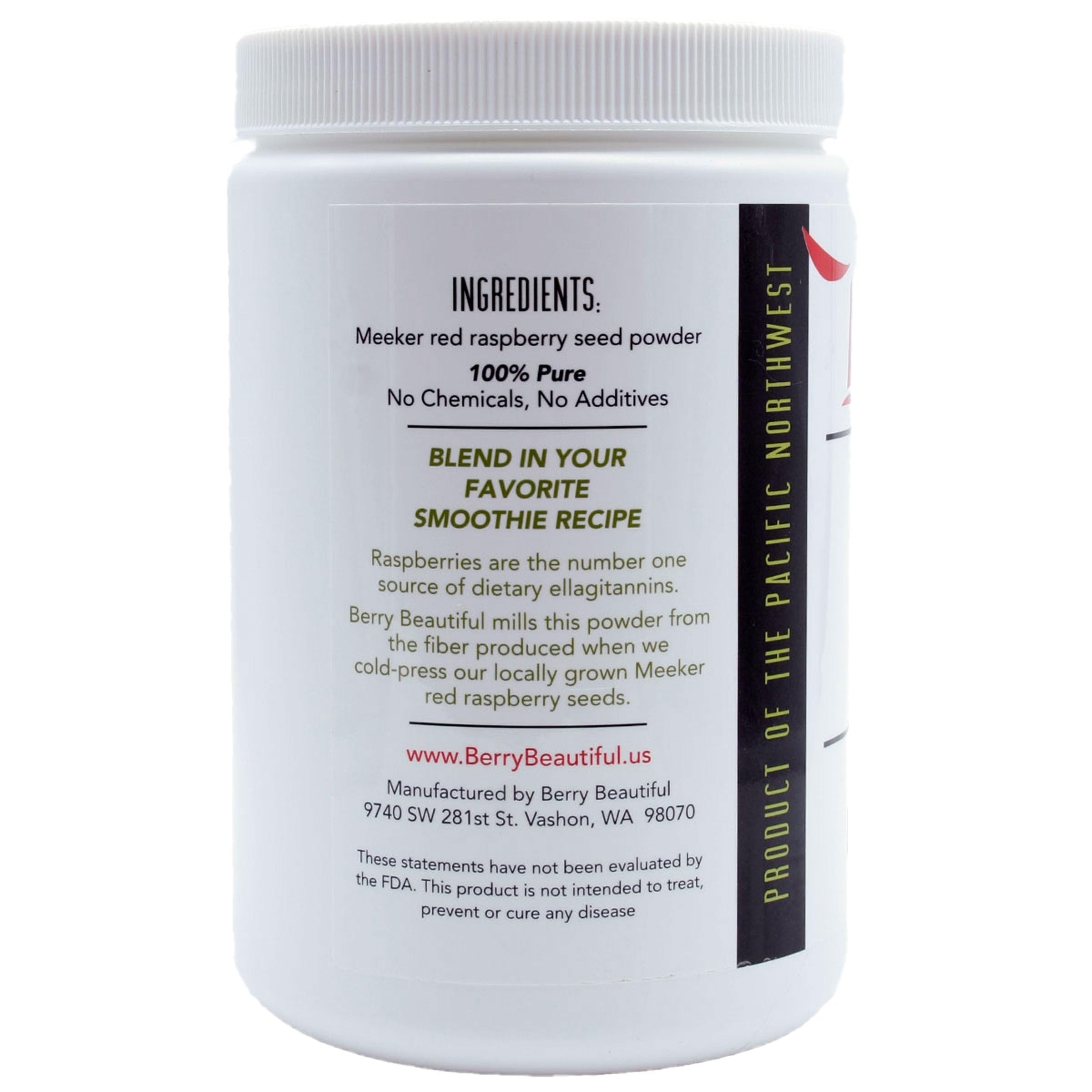 Berry Beautiful Meeker Red Raspberry Seed Powder close-up highlighting seedy aroma and freshness.