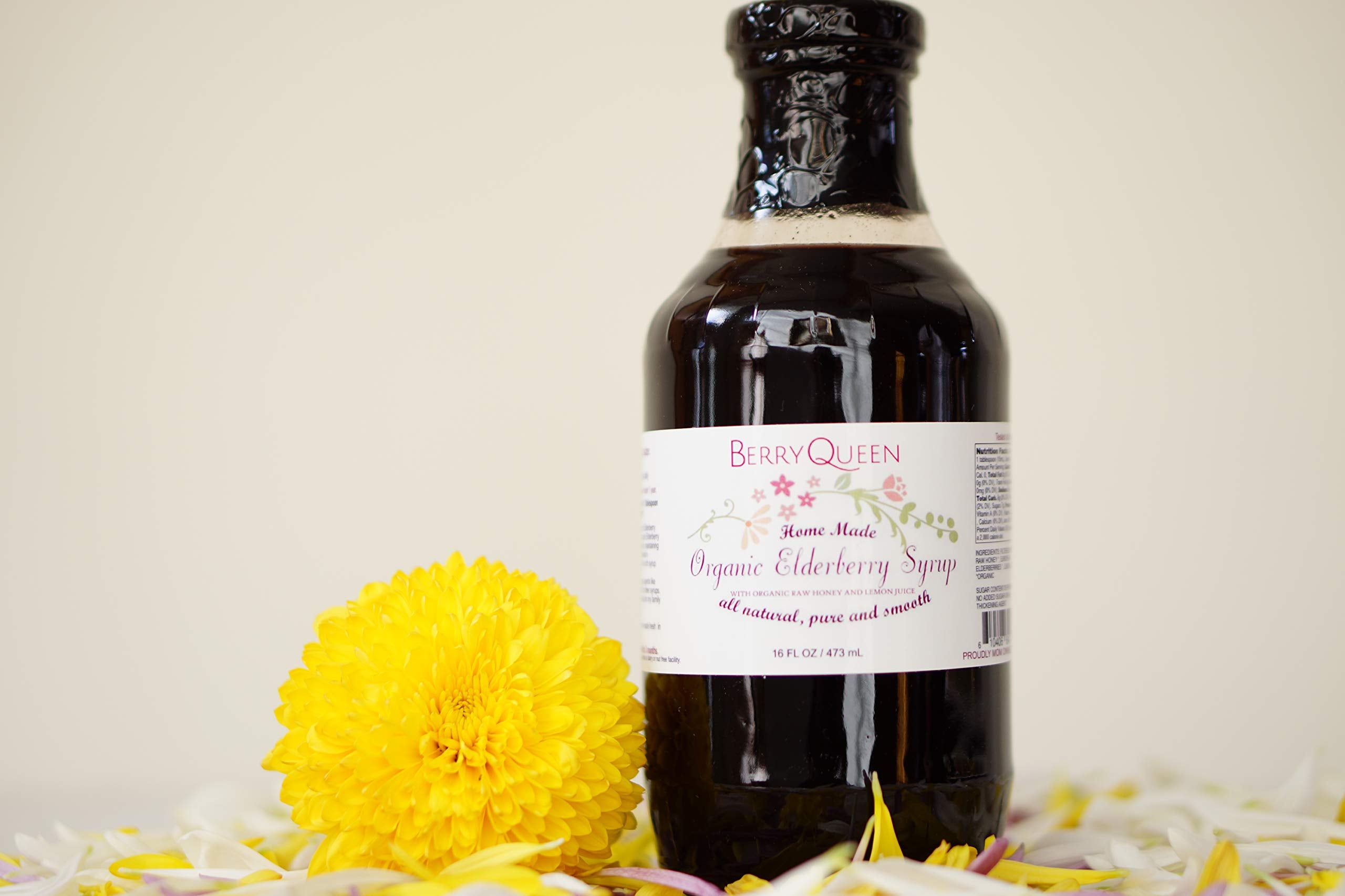 Berryqueen elderberry syrup bottle, perfect for mixing with yogurt or tea for daily wellness.