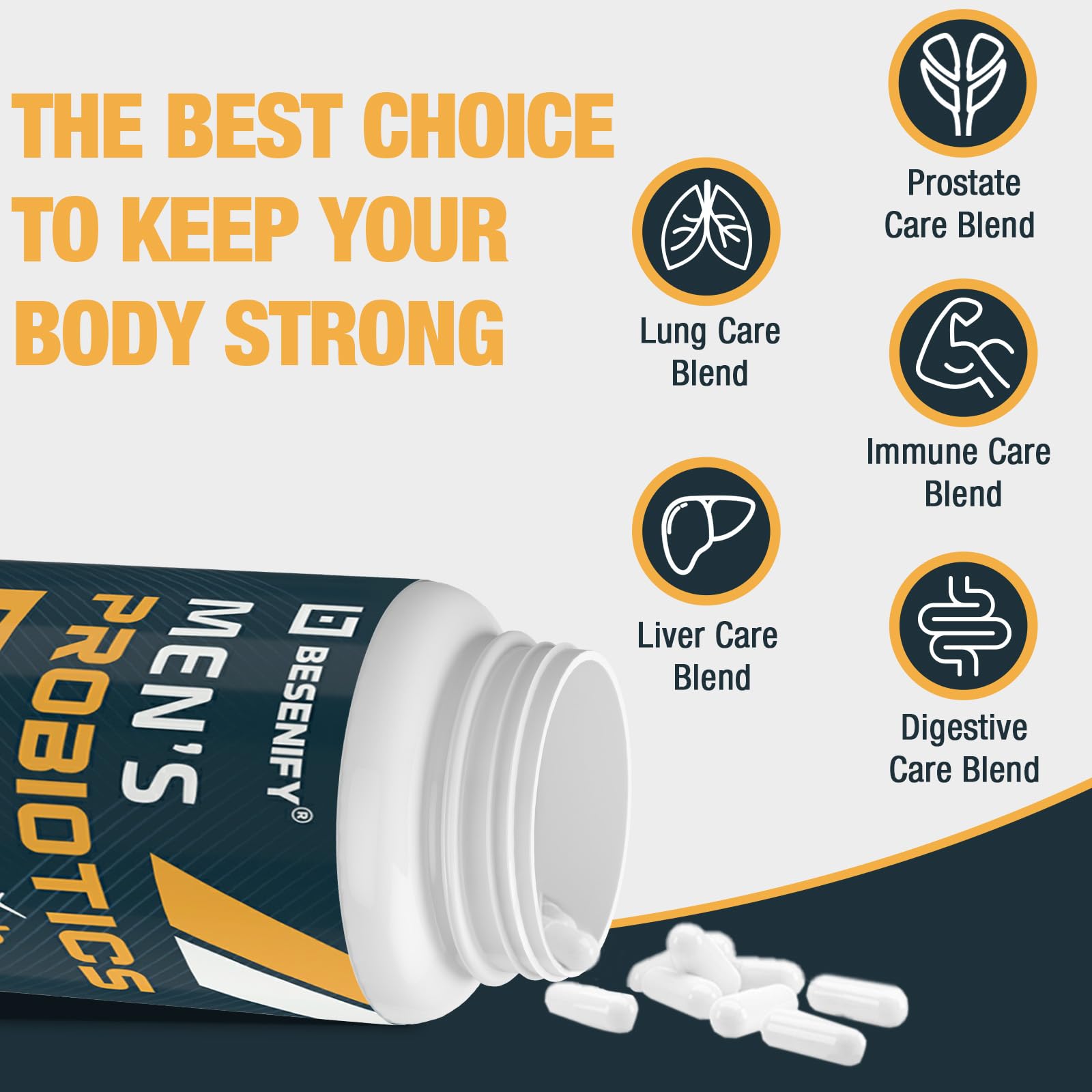 Besenify Probiotics capsules in hand, convenient two-capsule daily routine