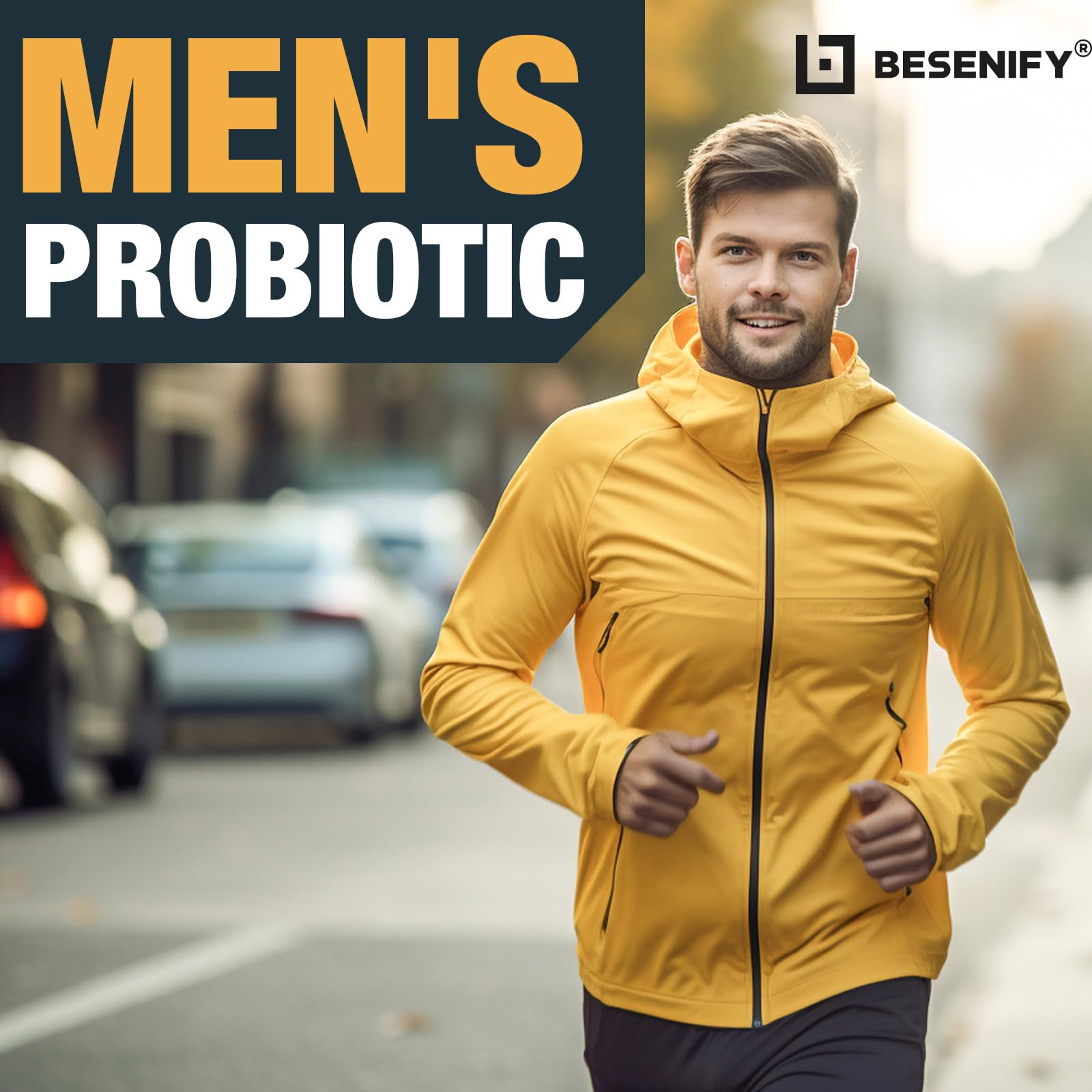 Besenify Probiotics packaging on a shelf, shelf-stable and travel-ready