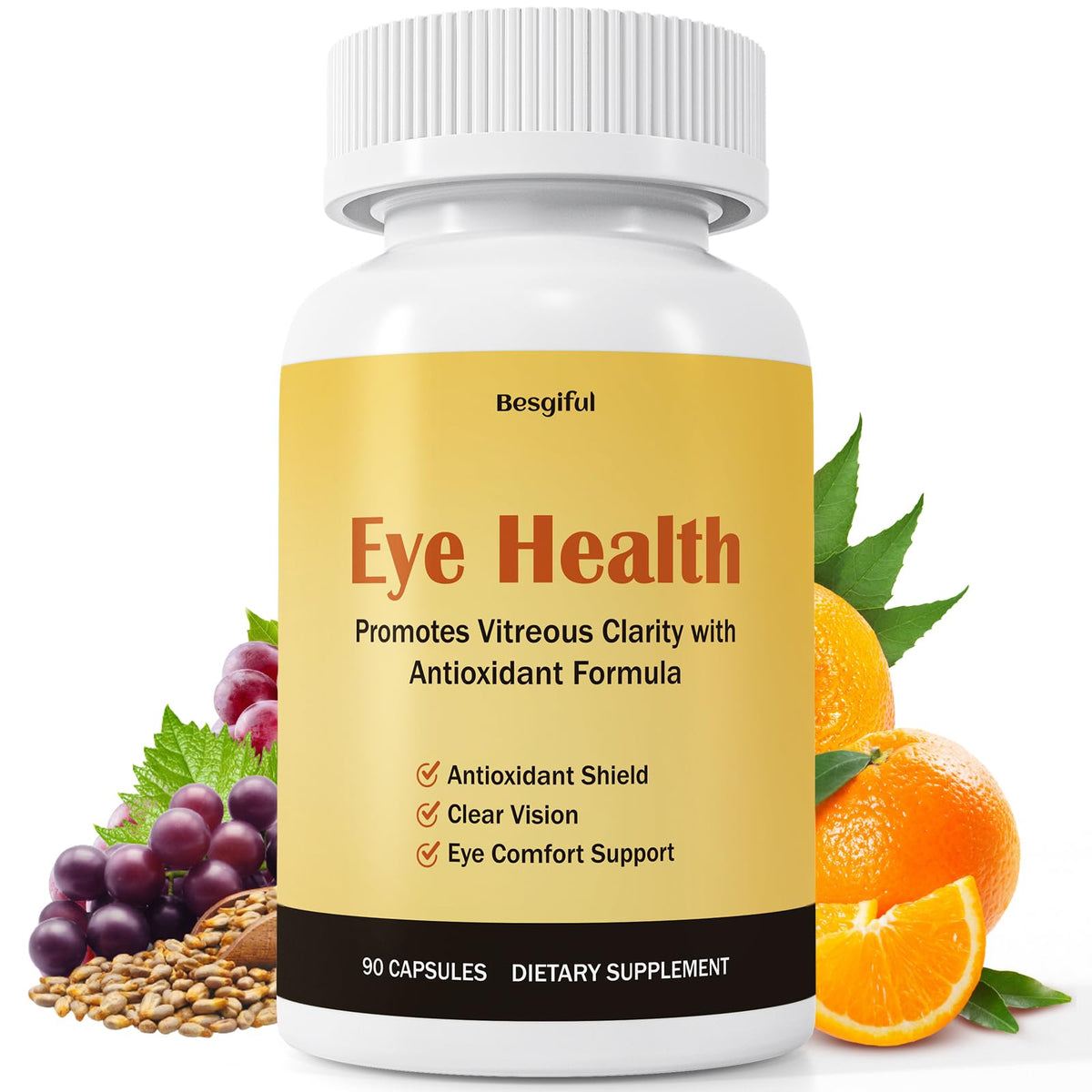 Besgiful Eye Supplement bottle front promotes vitreous health and clarity.