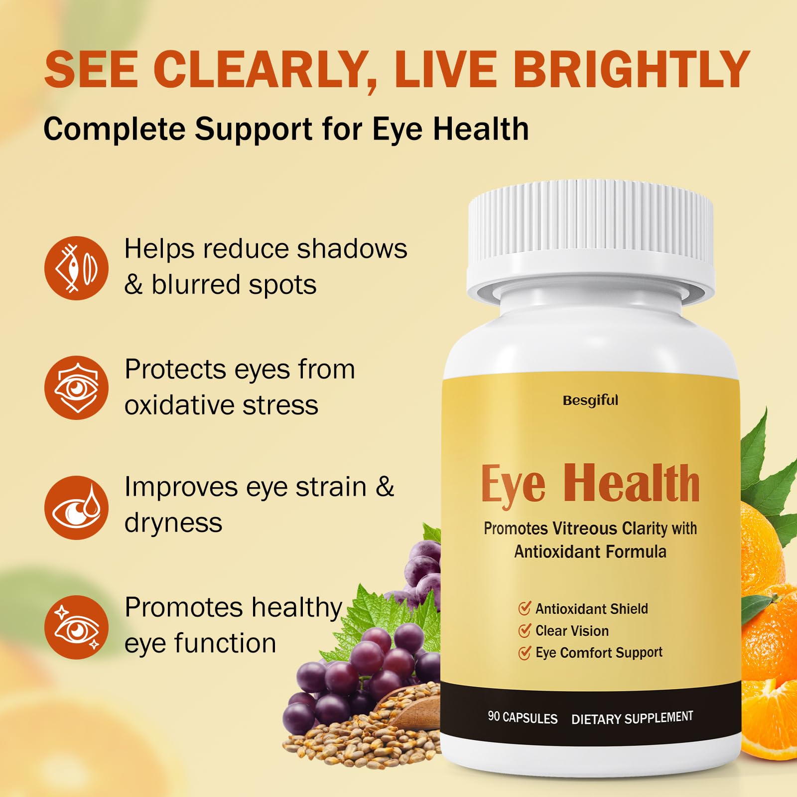 Besgiful Eye Supplement bottle label highlights vegan formula for daily eye comfort.
