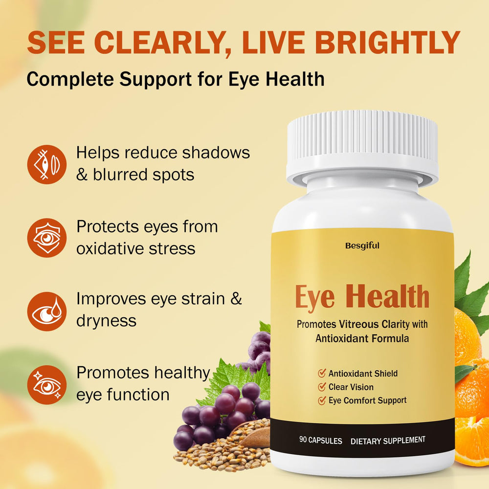 Besgiful Eye Supplement bottle label highlights vegan formula for daily eye comfort.