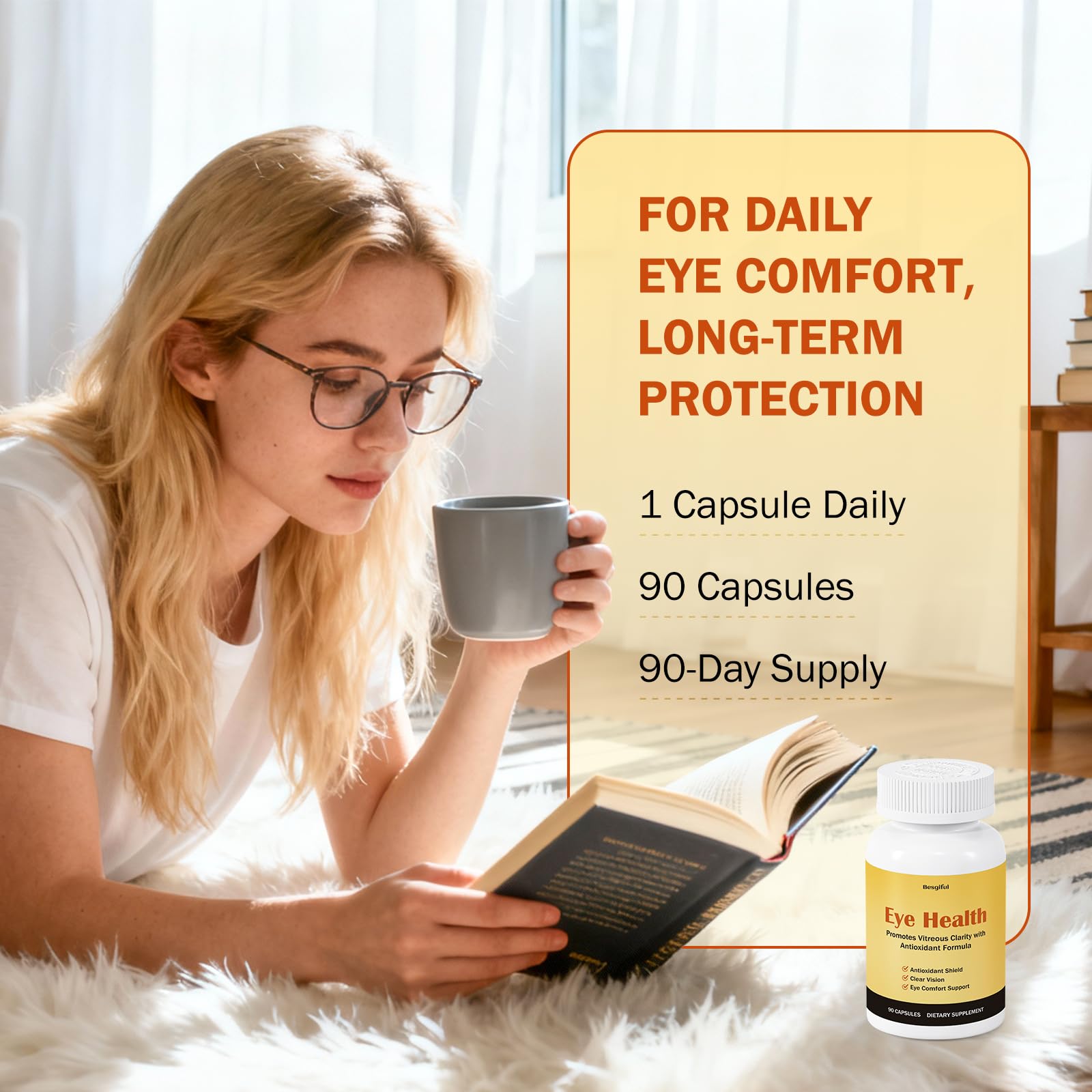 Besgiful Eye Supplement ingredients scene highlights grape seed and vitamin C.