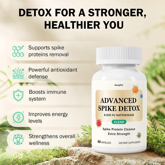 Besgiful Spike Detox capsules closeup highlighting plant-based, non-GMO formula benefits.