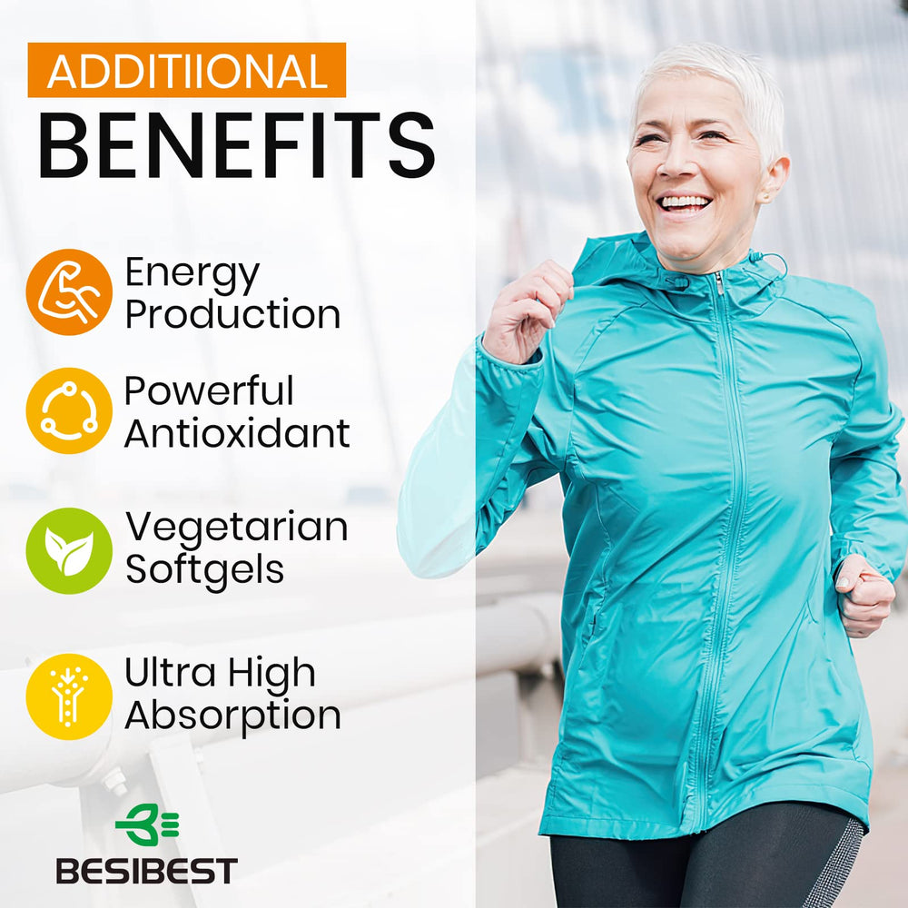 Besibest liposomal CoQ10 packaging graphic suggesting enhanced bioavailability.