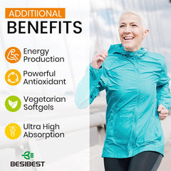 Besibest liposomal CoQ10 packaging graphic suggesting enhanced bioavailability.