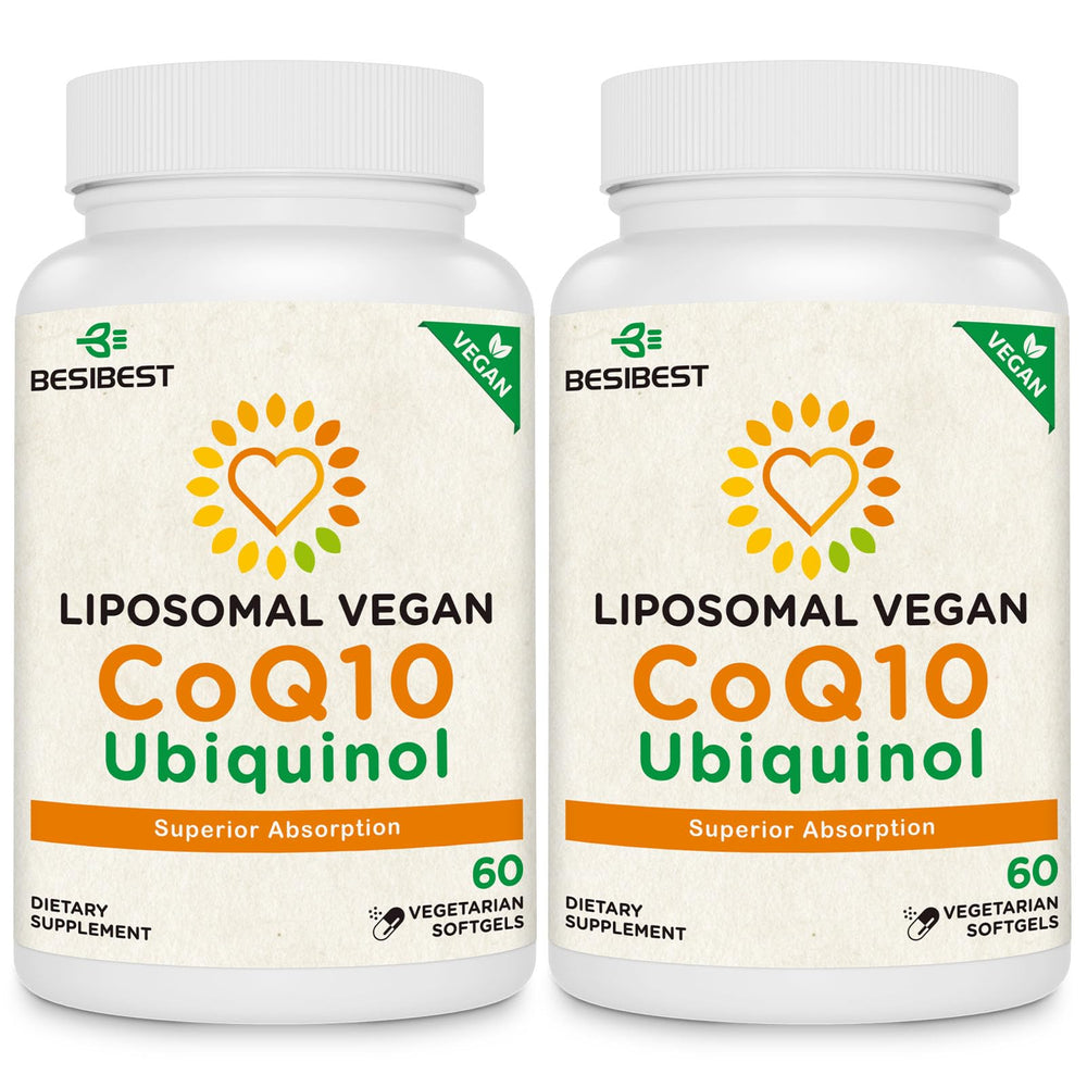 Besibest 1000mg liposomal CoQ10 bottle emphasizes high absorption with vegan softgels.
