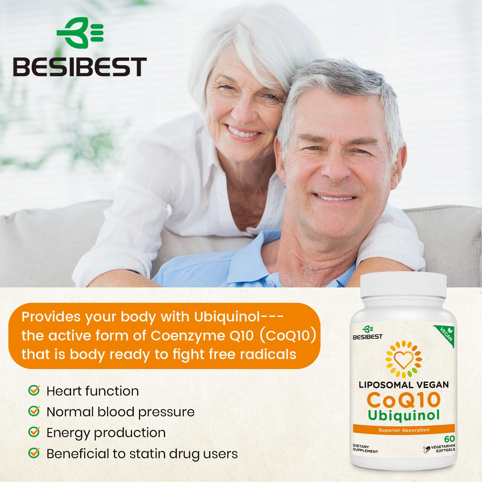 Besibest ubiquinol active form illustrates antioxidant role and energy support concept