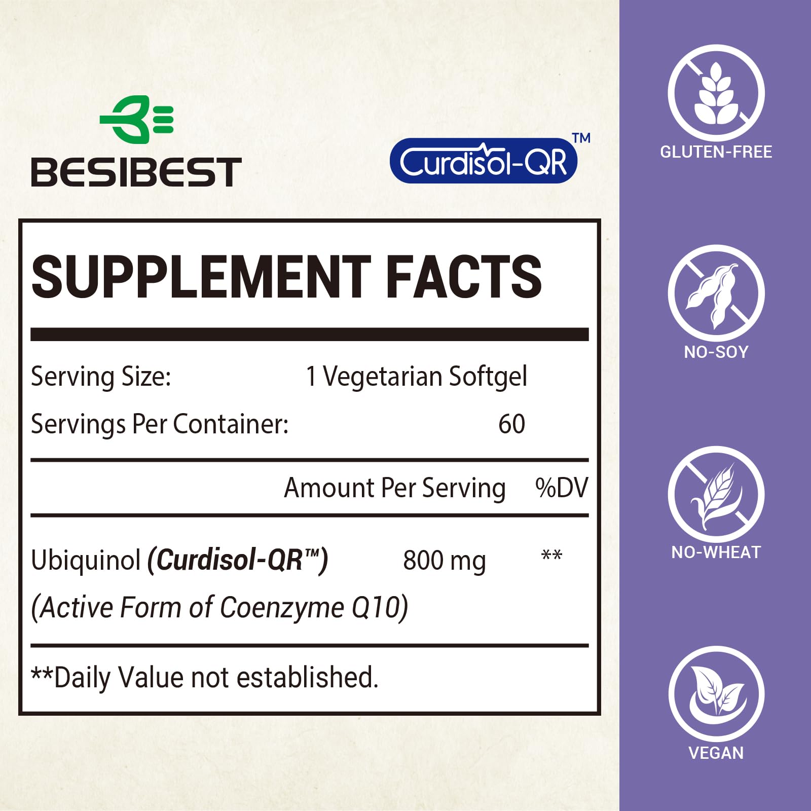 Besibest liposomal ubiquinol CoQ10 bottle back showing vegan and gluten-free details.