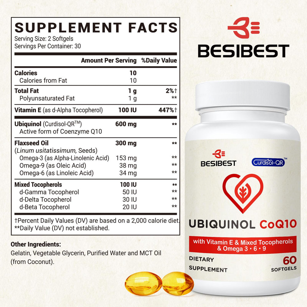 Besibest Omega-3-6-9 with CoQ10 softgels on display.