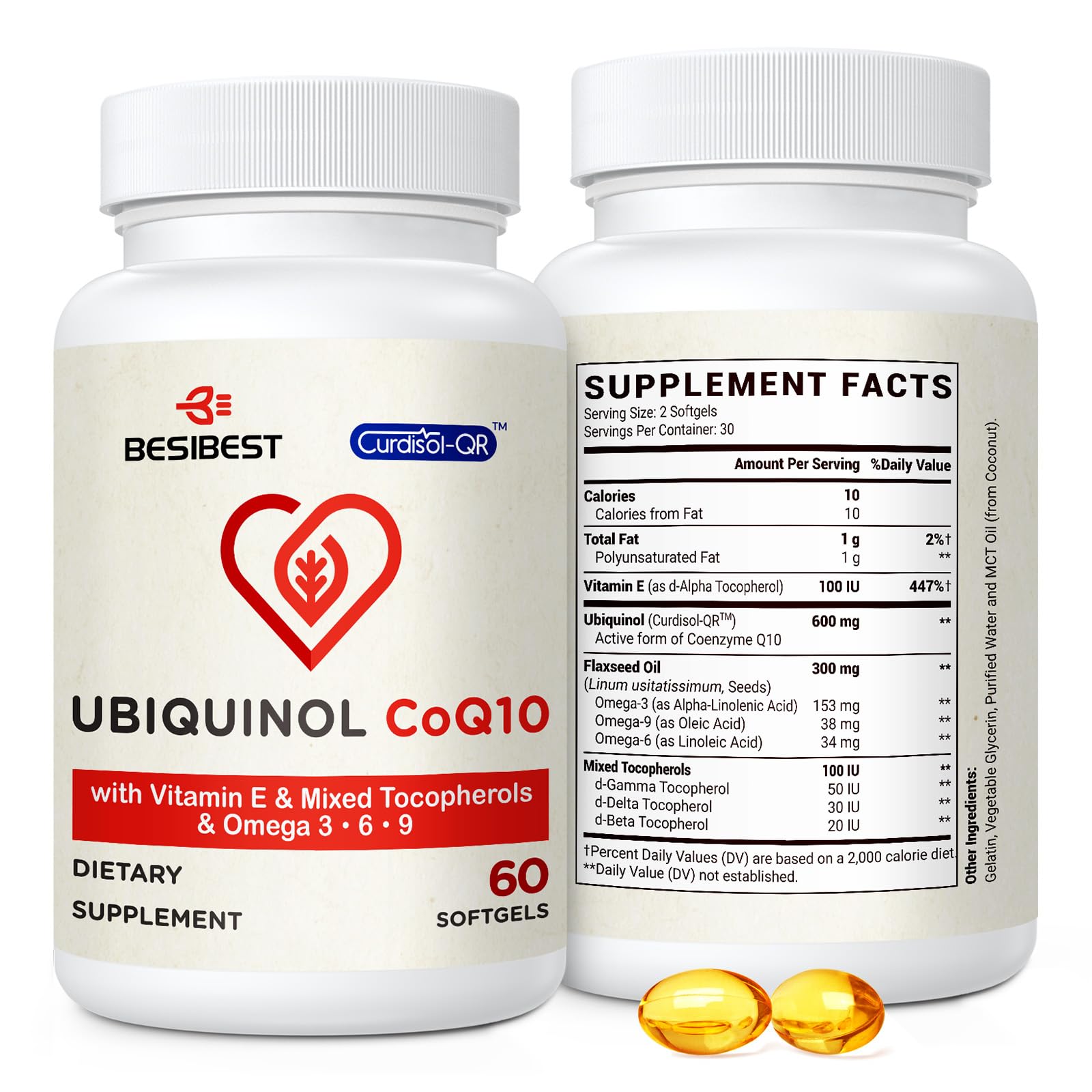 Besibest ubiquinol 600mg softgel bottle shows high absorption and daily energy support