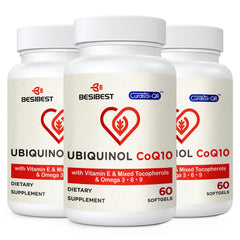 Besibest ubiquinol 600mg softgel bottle shows high-dose CoQ10 for energy support.