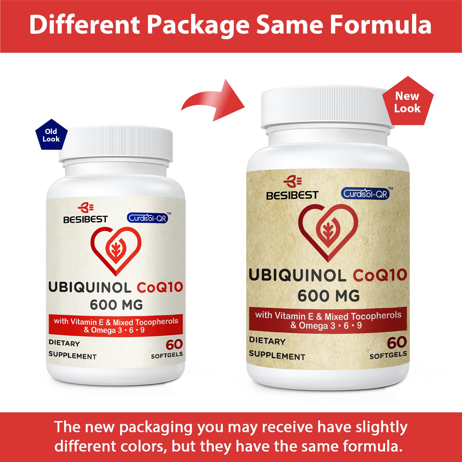 Besibest Ubiquinol 600mg softgel with omega-3 simplified pill container for convenient daily intake.