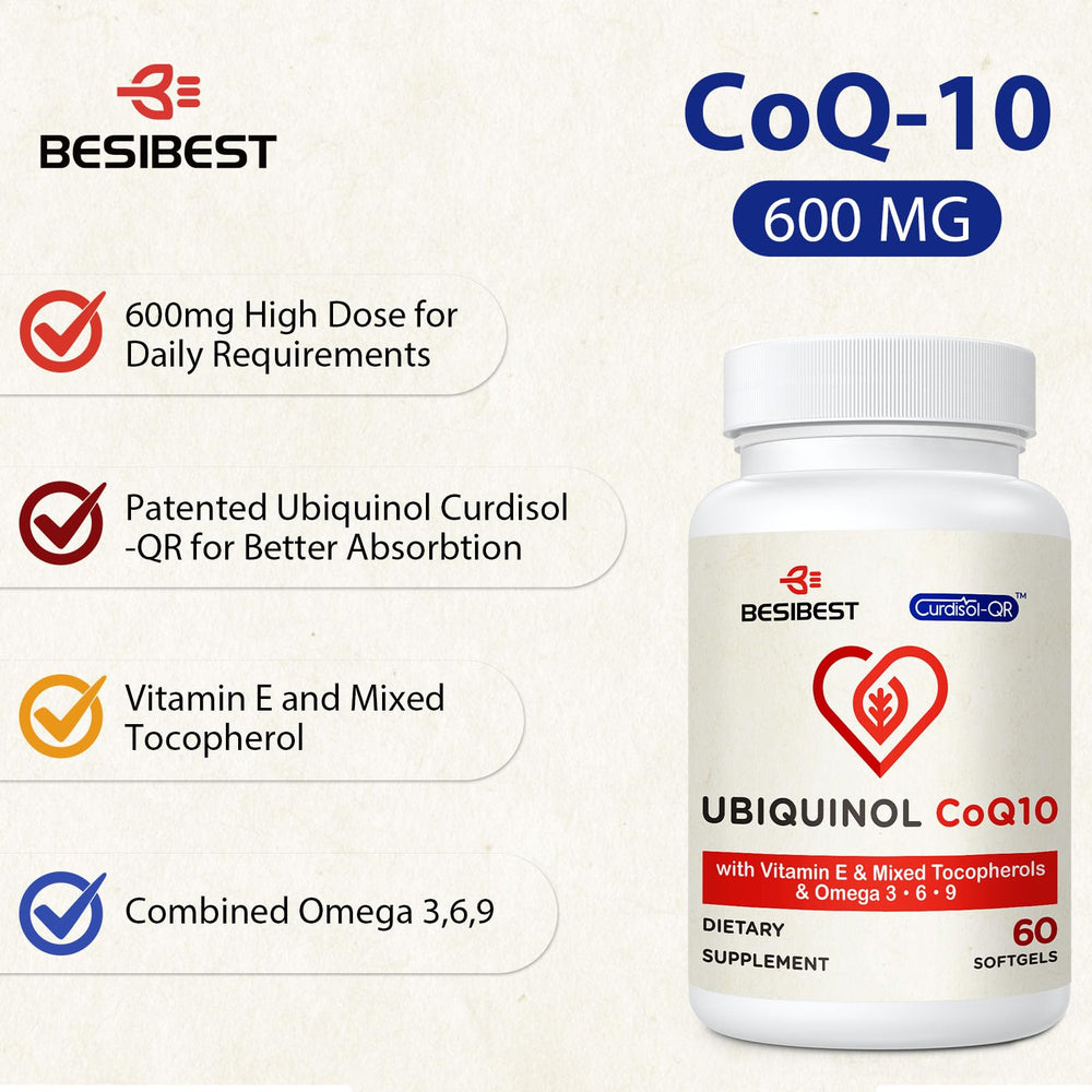Besibest Ubiquinol 600mg softgel label closeup with premium formula.