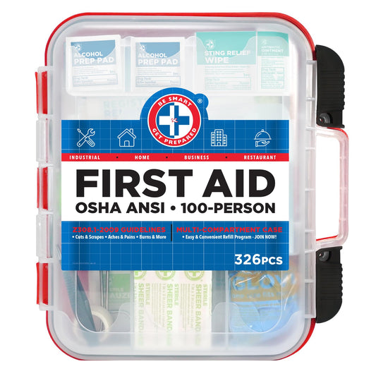 Be Smart Get Prepared first aid kit in red hard case front view for easy storage