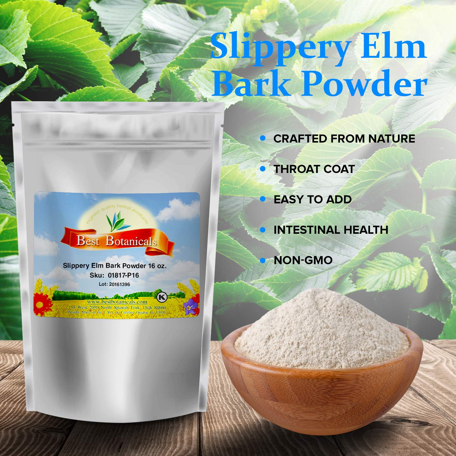 Best Botanicals Slippery Elm Powder jar with scoop for gut comfort
