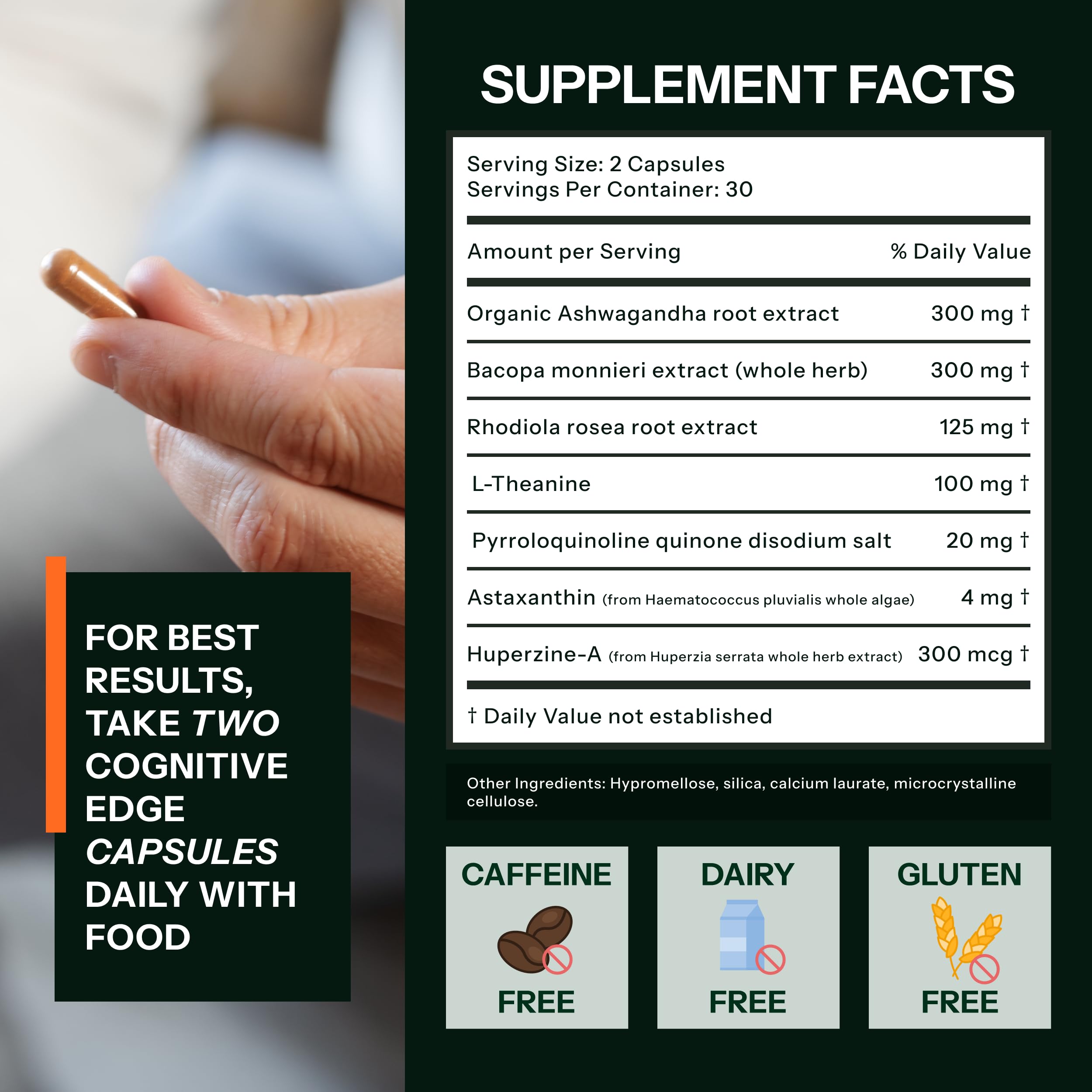 BEST COGNITION Cognitive Edge capsules closeup highlighting caffeine-free brain support.