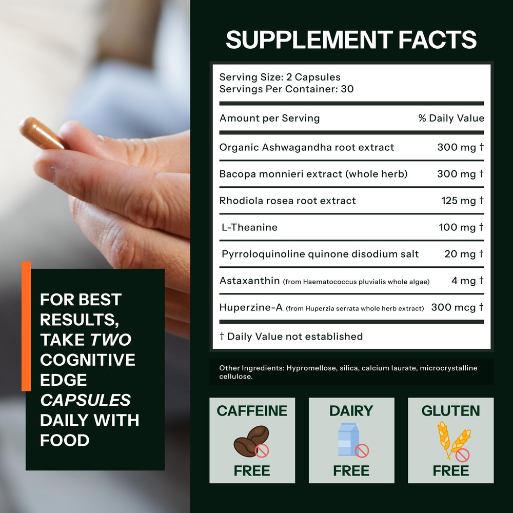 BEST COGNITION Cognitive Edge capsules closeup highlighting caffeine-free brain support.