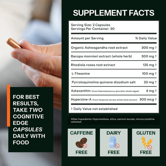 BEST COGNITION Cognitive Edge capsules closeup highlighting caffeine-free brain support.