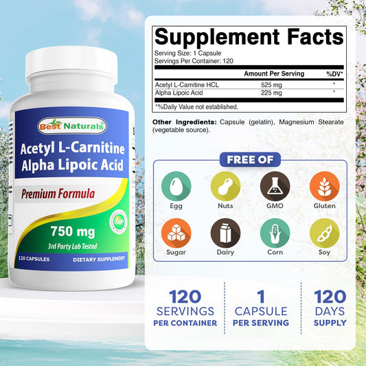 Best Naturals Acetyl L-Carnitine Alpha Lipoic Acid bottle side highlights purity and capsule quality.