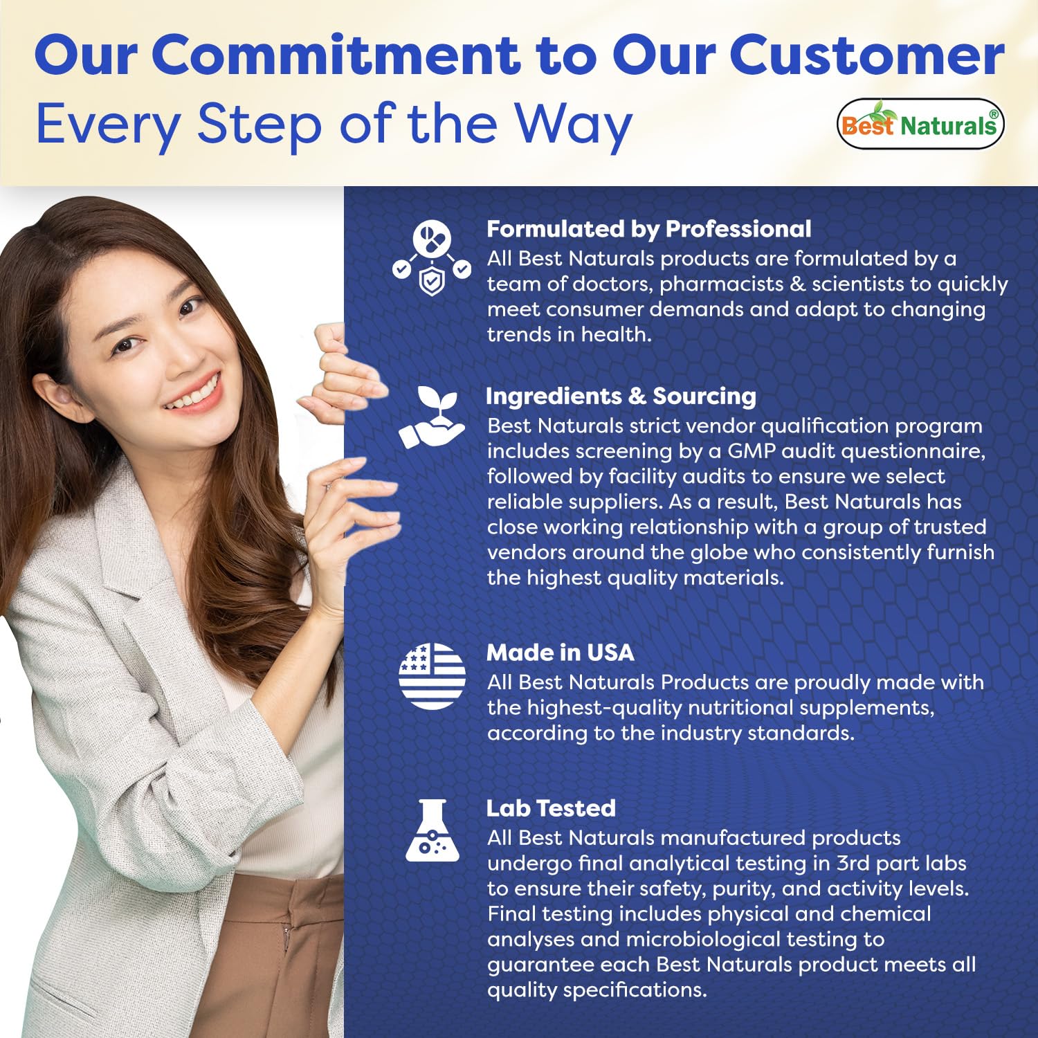 Best Naturals bottle top image emphasizes USA manufacturing and strict quality controls.