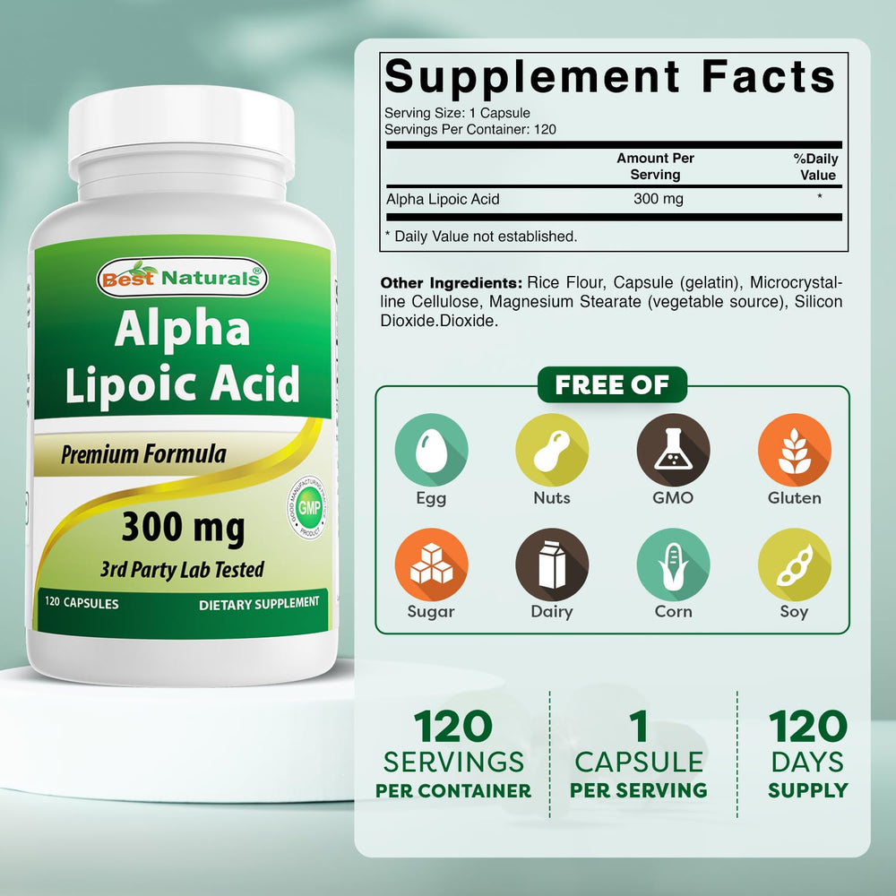 Best Naturals Alpha Lipoic Acid 300 mg capsules close-up showing compact daily dose.