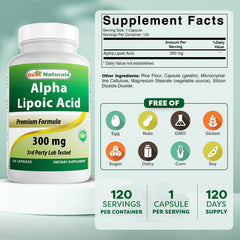 Best Naturals Alpha Lipoic Acid 300 mg capsules close-up showing compact daily dose.