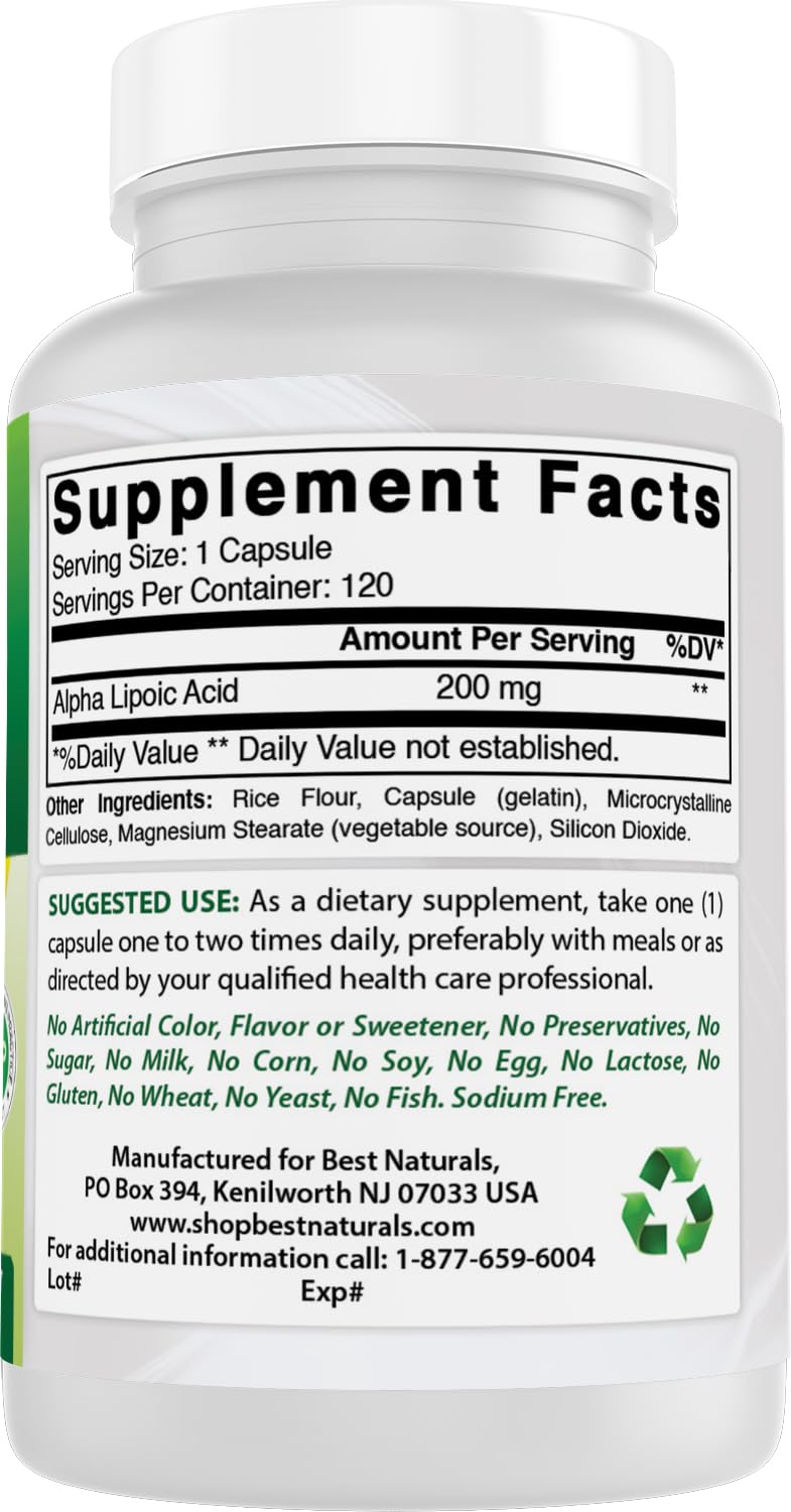 Best Naturals Alpha Lipoic Acid capsules on a clean surface for everyday supplementation.